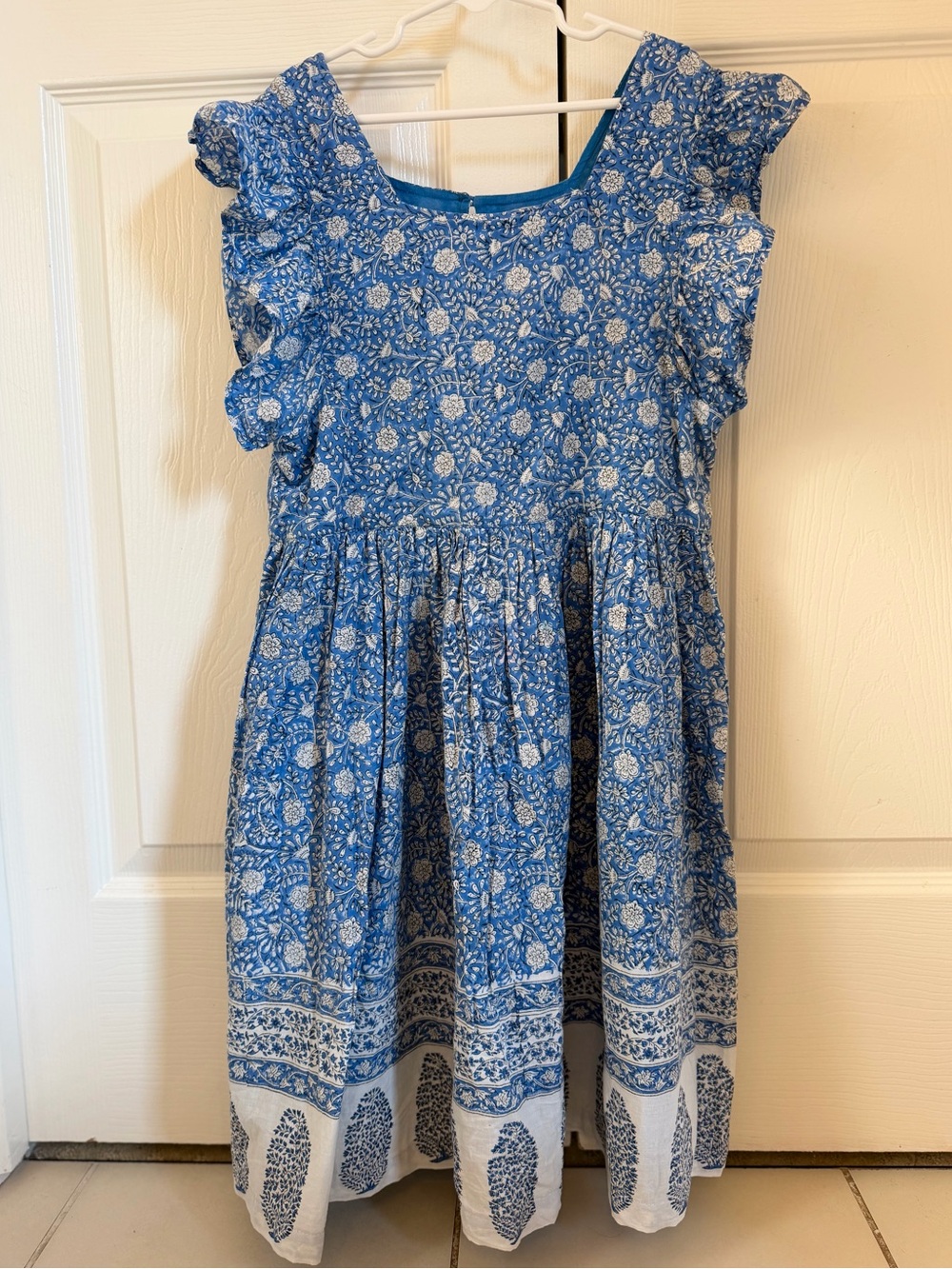 EUC Pink Chicken Blue Floral Block Print dress size 12
